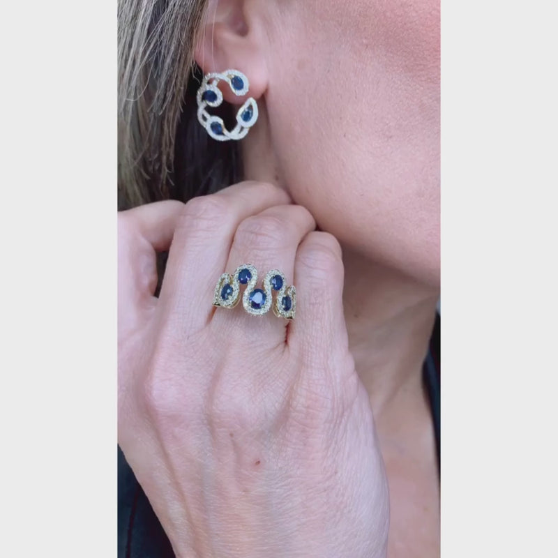 Snake Diamond & Sapphire with 14K Yellow Gold Set: Earrings and Ring.