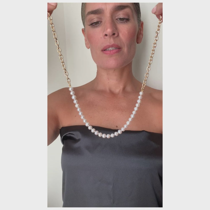 Cultured Pearl with 14K Yellow Gold Link Necklaces. 