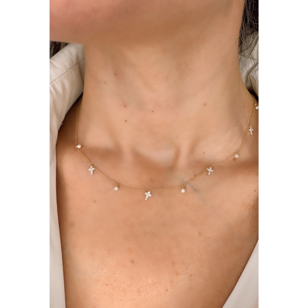 Collar de Oro 14K Cruces con Perlas