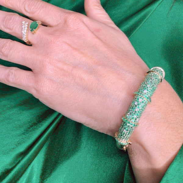 14K Gold Emerald with Diamond Bangle Bracelet