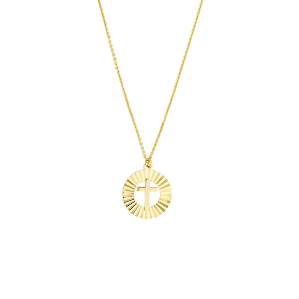 14K Gold Fluted Cross Medallion Necklace