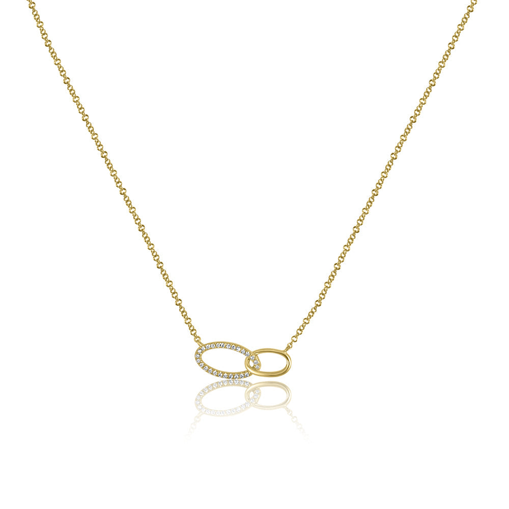 Double Oval Link One Diamond Pendant on 14K Yellow Gold Necklace