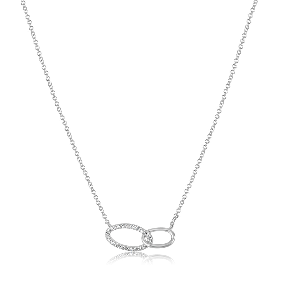 Double Oval Link One Diamond Pendant on 14K White Gold Necklace