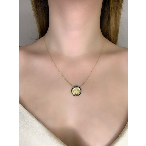 14K Gold Round Miraculous with Blue Sapphire Medal Necklace