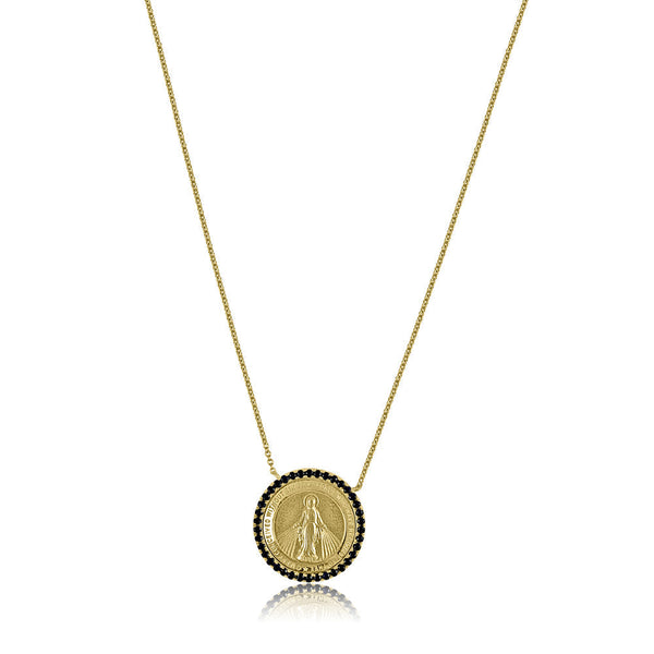 14K Gold Round Miraculous with Blue Sapphire Medal Necklace