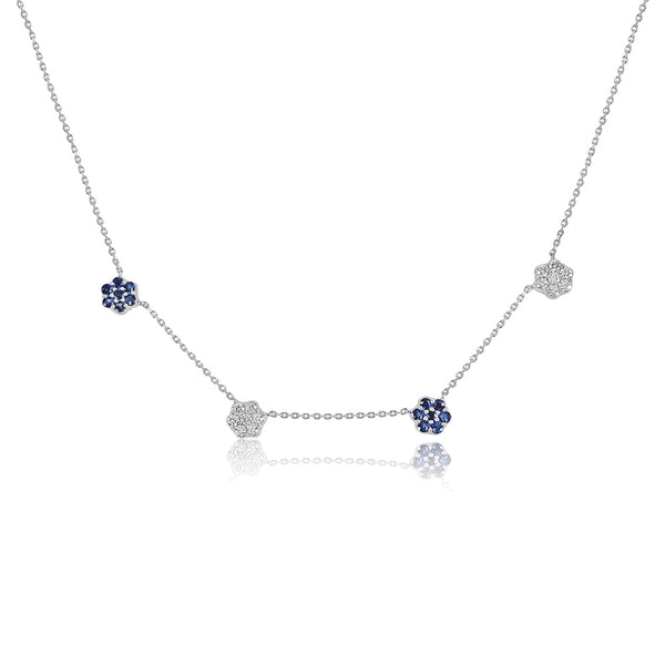 14K White Gold Diamonds & Flower Blue Sapphire Necklace