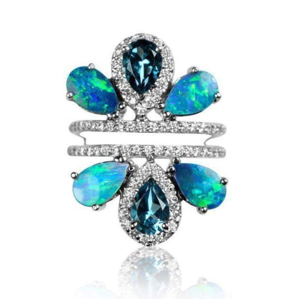 14K White Gold Opal, Topaz Diamond Lotus Ring – Adriana Fine Jewelry