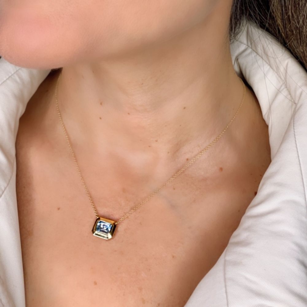 14K Yellow Gold Bezel Sky Blue Topaz Necklace