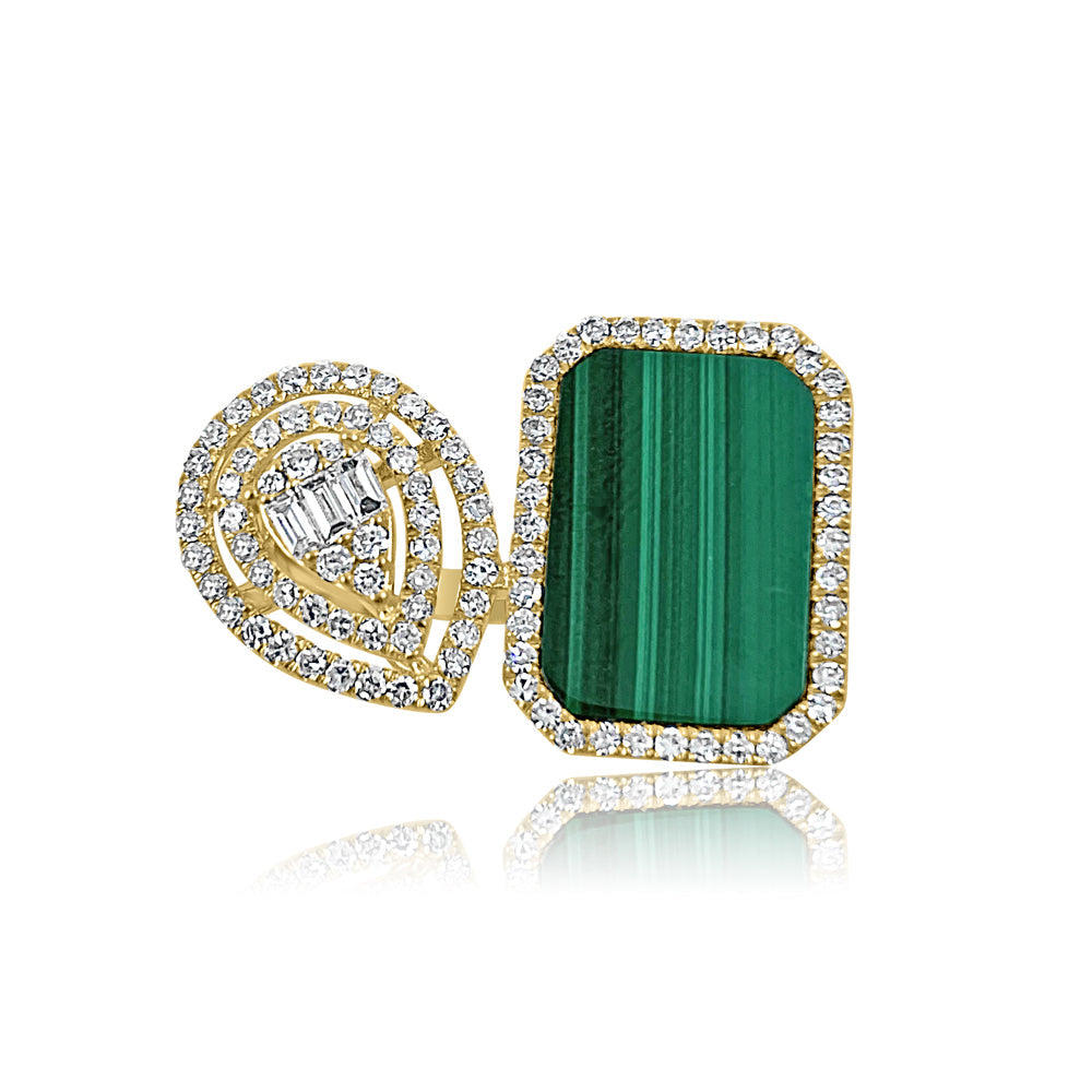 14K Yellow Gold  Malachite and Diamond Ring. Elegant and Modern for special days.  14K Yellow Gold weight: 4.50 grams 100 Diamonds: 0.61ct 1 Malachite: 3.35 ct