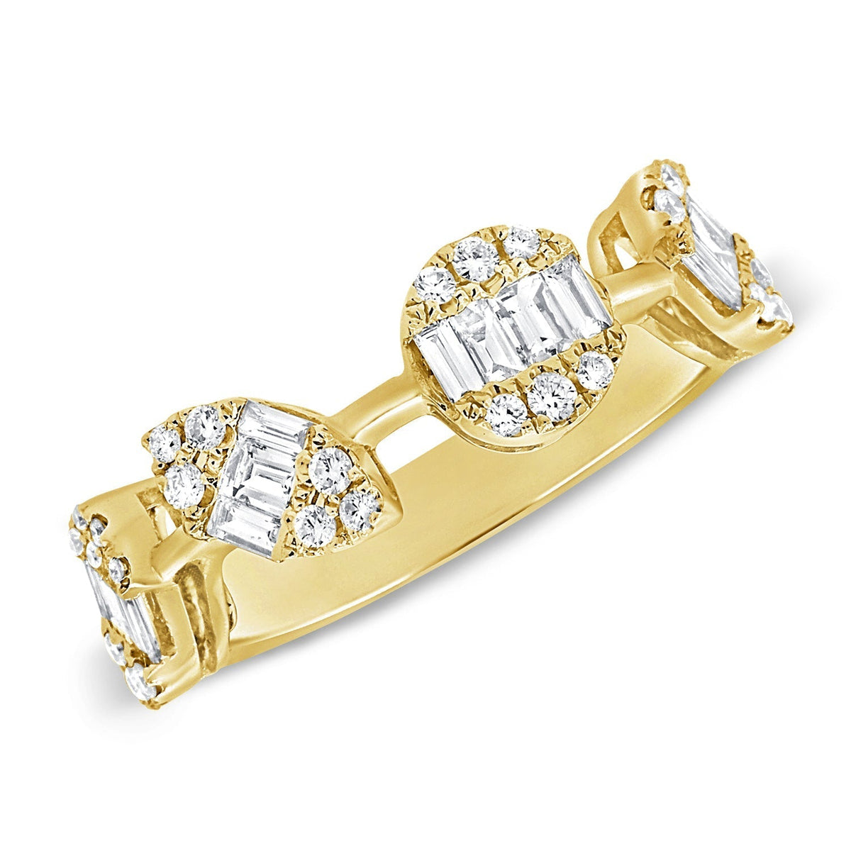 14K Yellow Gold Ring with Diamond Baguettes Elegant and Modern for speacial days.  14K Yellow Gold total weight: 3.80 grams 27 Diamonds: 0.28 ct 13 Baguettes: 0.46 ct