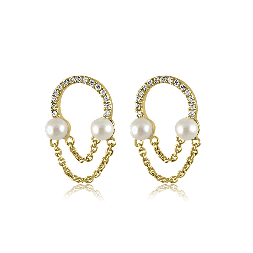 14K Yellow Gold Hanging with Diamonds & Pearl Studs
