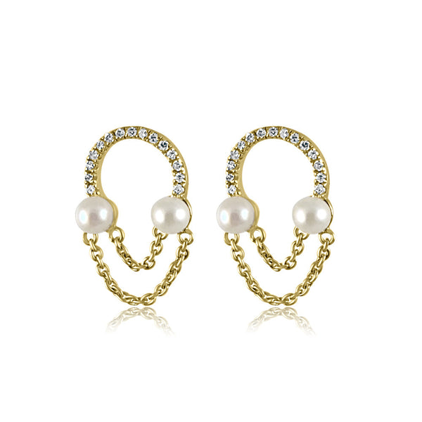 14K Yellow Gold Hanging with Diamonds & Pearl Studs