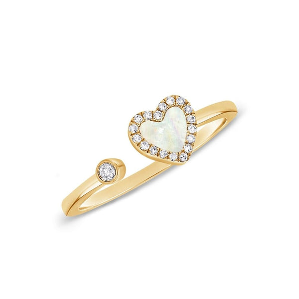 Mother of Pearl Heart Ring, beautiful for every day.  14K Yellow Gold weight: 1.60 grams Mother of Pearl: 0.30 ct 18 SC: 0.06 ct Diamonds: 0.02 ct