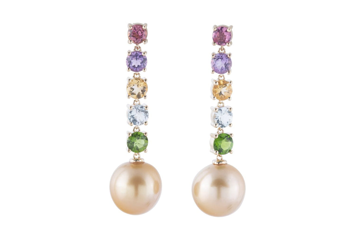 This pair of earrings are perfect for special occasions, this design gives the piece a feminine touch.  14K Yellow Gold Multicolor: 2.45 ct  Golden Pearl: 11 mm Gold Post