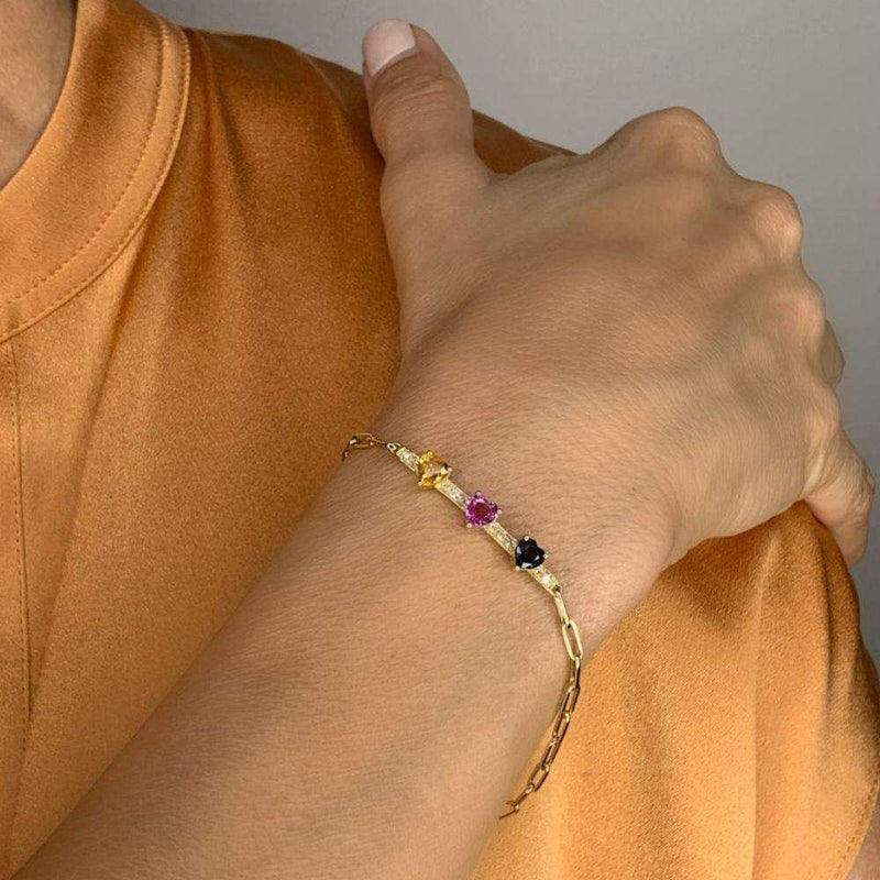 14K Yellow Gold Multicolor Sapphire Hearts & Diamonds Bracelet