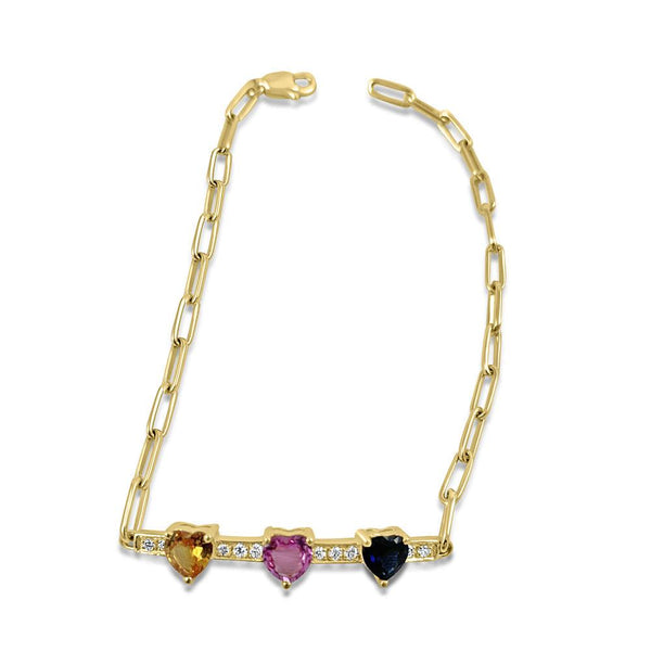 14K Yellow Gold Multicolor Sapphire Hearts & Diamonds Bracelet