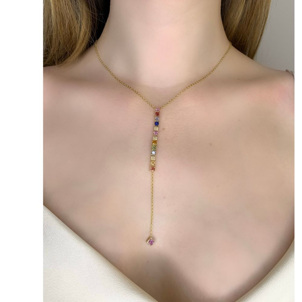 Multicolor Sapphire 14K Yellow Gold Lariat Necklace