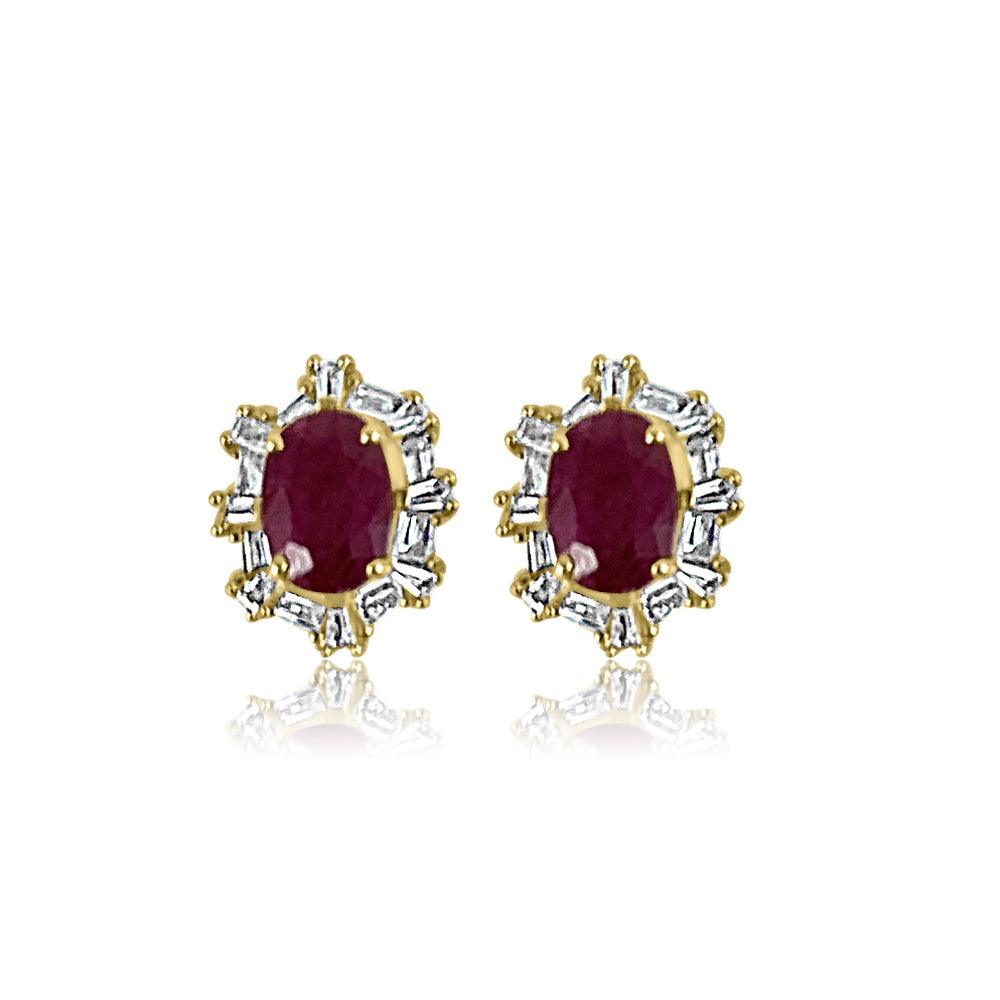 Studs 14K Yellow Gold Ruby with Diamonds for beautiful every day.  14K Yellow Gold weight: 1.44 grams 32 Diamond: 0.20 ct 2 Ruby: 1.53 ct Gold Post 