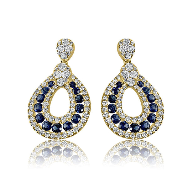 Elegant and modern 14K Yellow Gold Sapphires with Diamond earrings.  14K Yellow Gold weight: 4.68 grams 134 Diamonds: 1.46 ct 26 Blue Sapphire: 1.51 ct Gold Post 