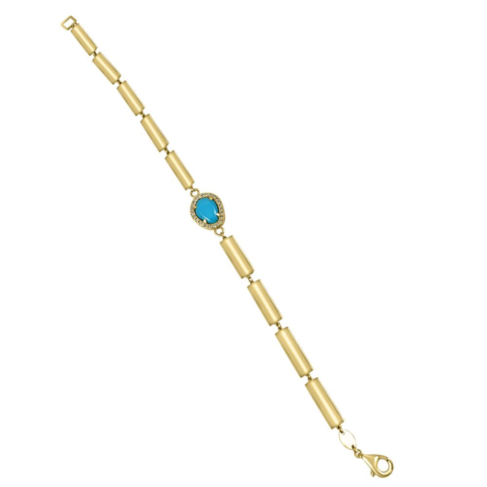 14K Yellow Gold Turquoise & Diamond Bracelet  14K Yellow Gold weight: 4.7 grams Turquoise: 1.07 ct Diamond: 0.26 ct Chain size: 16cm