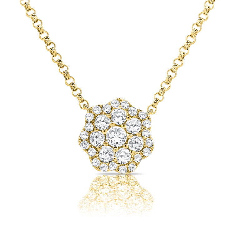 Yellow Gold Necklace with Diamond Flower Pendant: 14K Yellow Gold weight: 2.38 grams 29 Diamonds: 0.44 ct Chain size 16" - 18