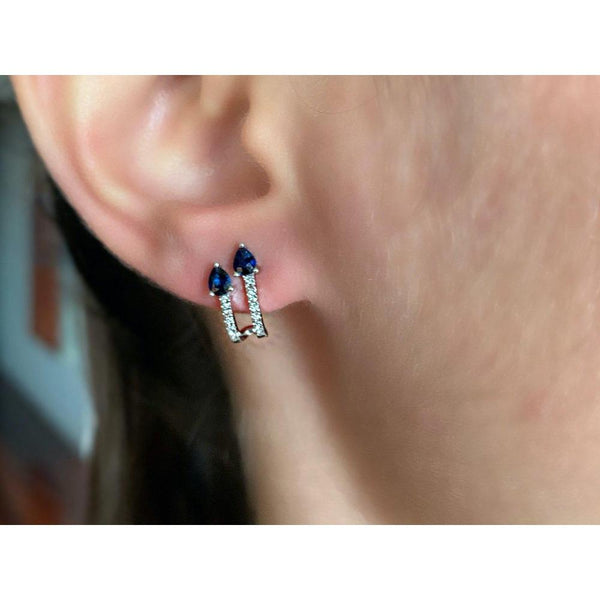 14K White Blue Sapphire Diamond Hoop Earrings