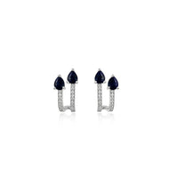 14K White Gold with Blue Sapphire & Diamond Hoop Earrings  32 Diamonds: 0.08 ct 4 Blue Sapphires: 0.70 ct Gold weight: 1.74 grams Post back closure