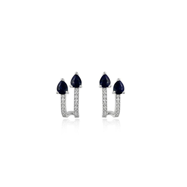 14K White Gold with Blue Sapphire & Diamond Hoop Earrings  32 Diamonds: 0.08 ct 4 Blue Sapphires: 0.70 ct Gold weight: 1.74 grams Post back closure