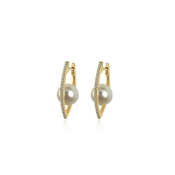 14K Yellow Gold Hoops with One Pearl and Diamonds