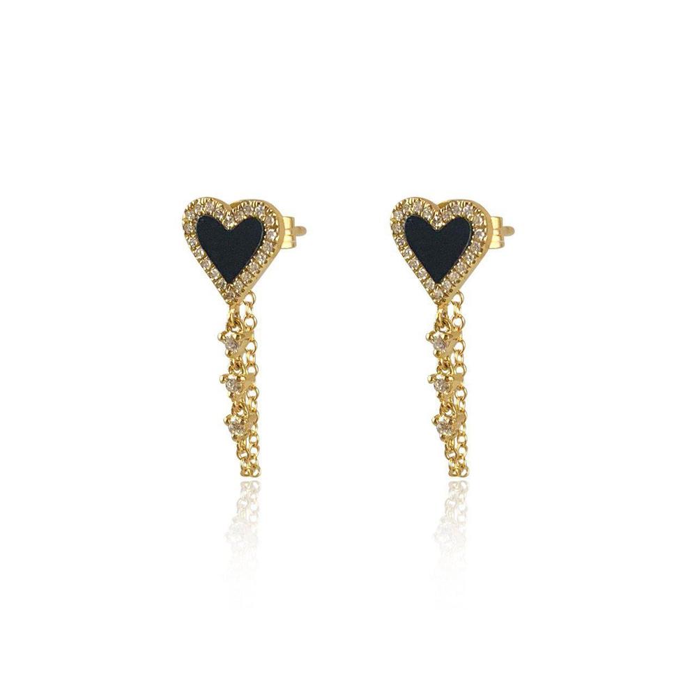14K Yellow Gold Onyx Heart Dangling Chain Diamonds Earrings