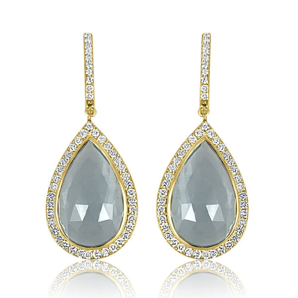 Elegant and modern 18K Yellow Gold Aquamarine and Diamond Drop Earrings.  Aquamarine: 12.77 ct Diamond: 1.06 ct 18K Yellow Gold weight: 8.55 grams