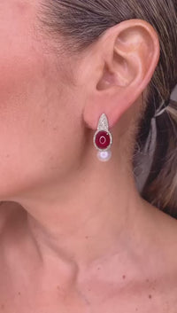 Pearl with Ruby Cabochon & Diamond Earrings