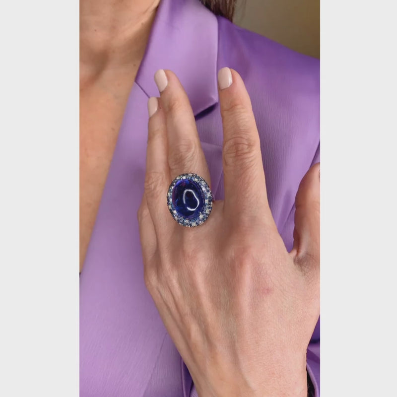 Tanzanite Cabochon with Blue Sapphire & Diamond Rings in 14K Gold