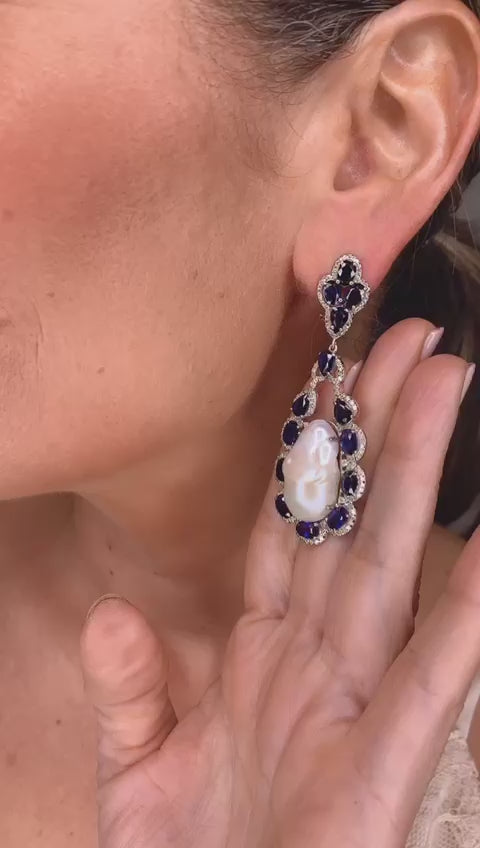 Baroque Pearl with Blue Sapphire & Diamond Teardrop Earrings