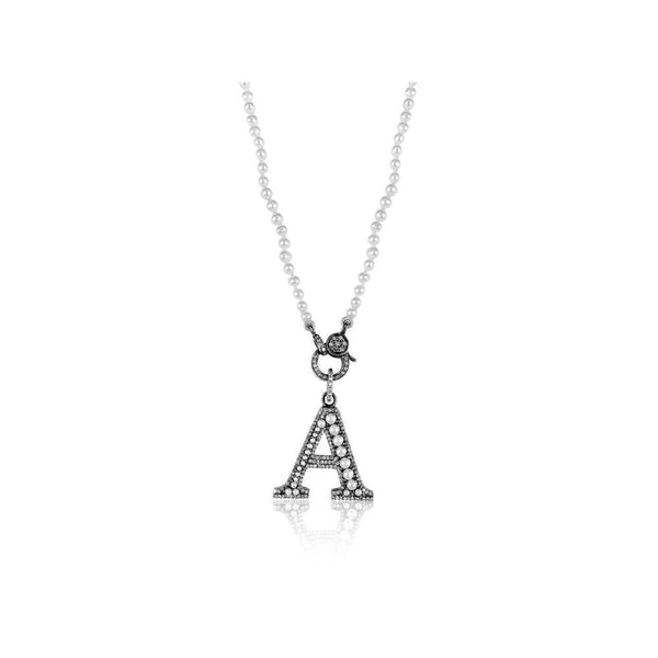 Oxidized Silver Necklace with Pearls and Diamonds personalized with letter "A"