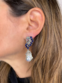 Aquamarine & Blue Sapphire Pearl Baroque with Diamonds Earrings