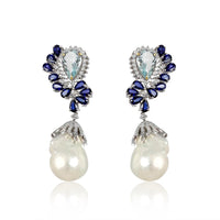 This pair of earrings are perfect for special occasions, this design gives the piece a feminine touch.  Diamond: 3.79 ct Aquamarine: 3.250 ct Blue Sapphire: 5.72 ct Pearl: 44.75 Silver with Rhodium Plated weight: 6.30 grams Gold Post