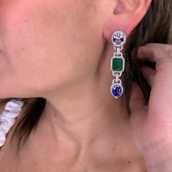 Aretes largos de aguamarina con esmeralda y cianita