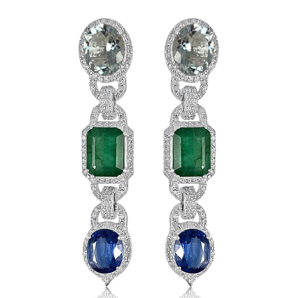 Aquamarine with Emerald & Kyanite Long Earrings