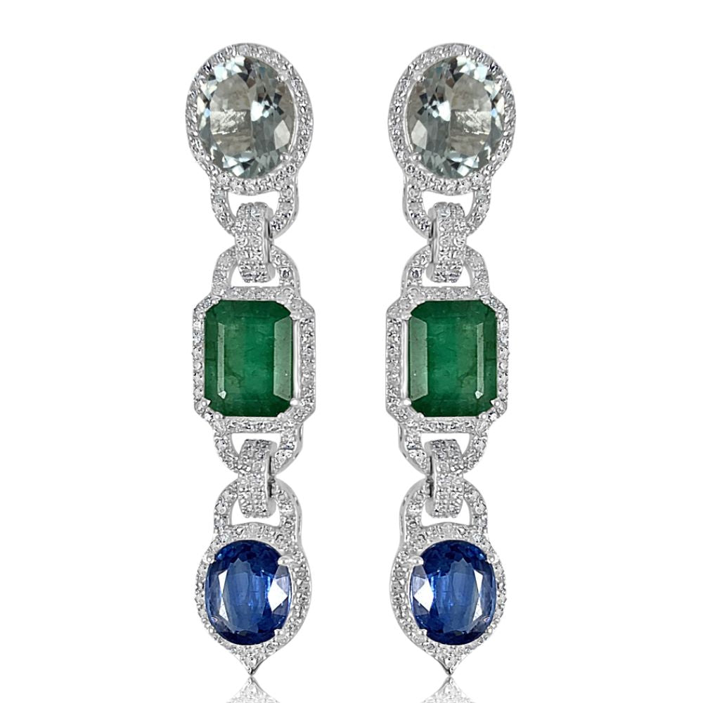 Aquamarine with Emerald & Kyanite Long Earrings