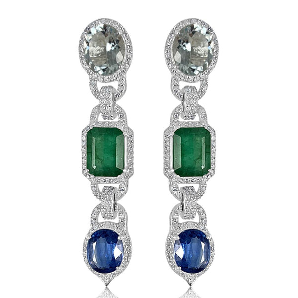 Aquamarine with Emerald & Kyanite Long Earrings