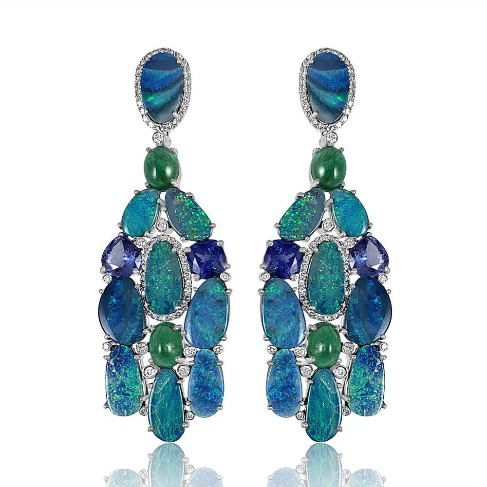 Australian Opal with Emerald, Tanzanite & Diamond Dangle Earrings