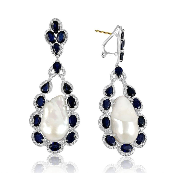 Baroque Pearl with Blue Sapphire & Diamond Teardrop Earrings