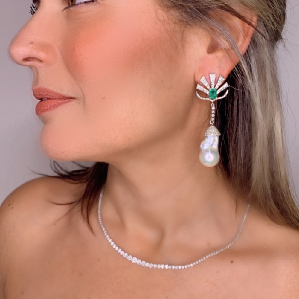Baroque Pearl with Diamond & Emerald Deco Earrings