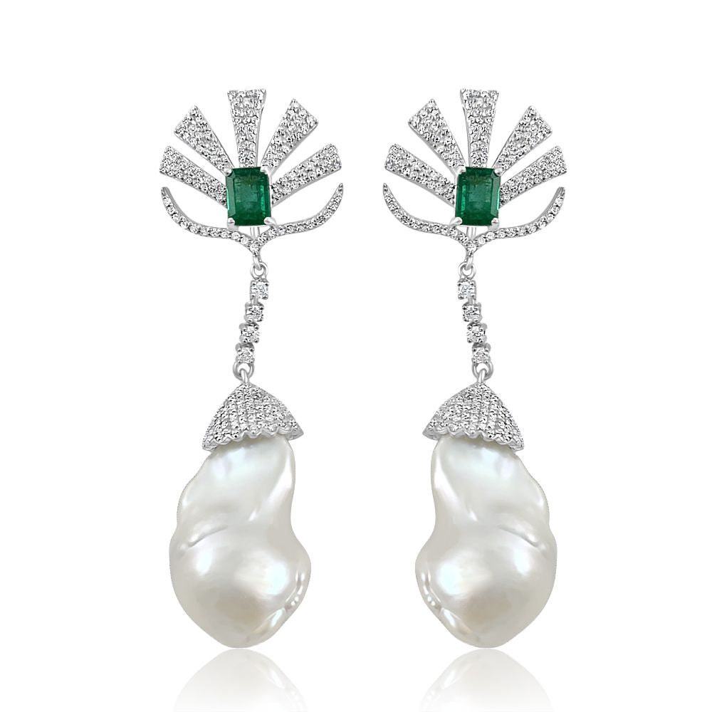 Baroque Pearl with Diamond & Emerald Deco Earrings
