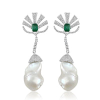 Baroque Pearl with Diamond & Emerald Deco Earrings