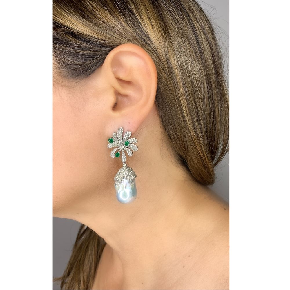 Baroque Pearl with Diamond & Emerald Earrings