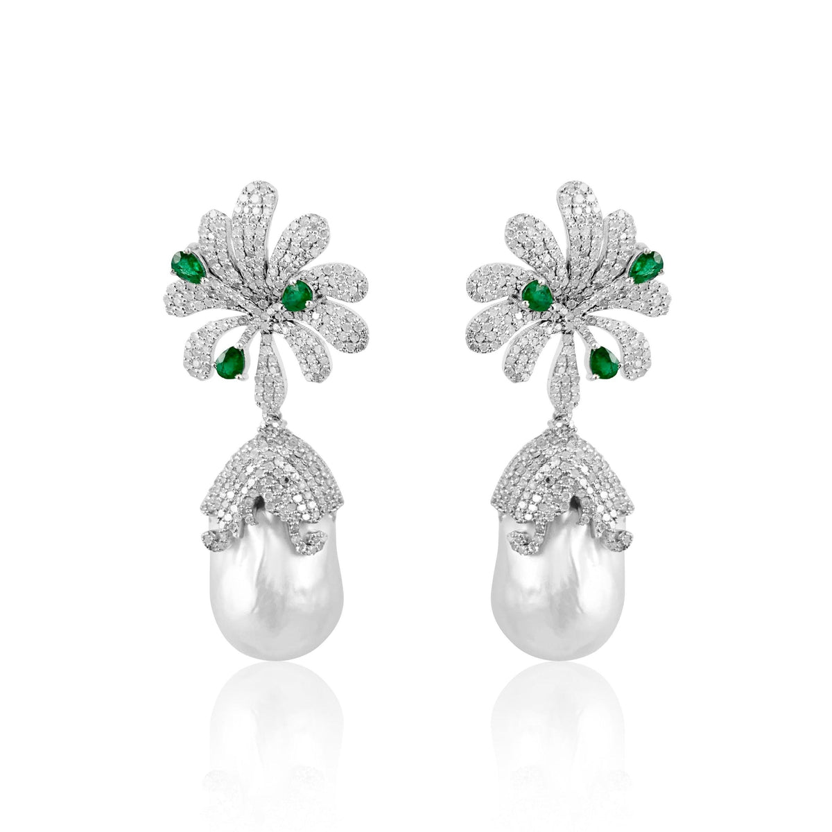 This pair of earrings are perfect for special occasions, this design gives the piece a feminine touch.  Diamond: 4.71 ct Emerald: 0.65 ct Pearl Baroque: 60.01 ct Silver with Rhodium Plated weight: 13.42 grams Gold Post: 0.15 grams