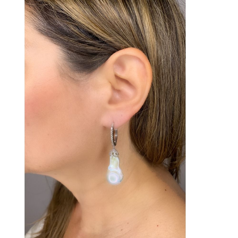 Baroque Pearl with Diamond Huggie Top Earrings
