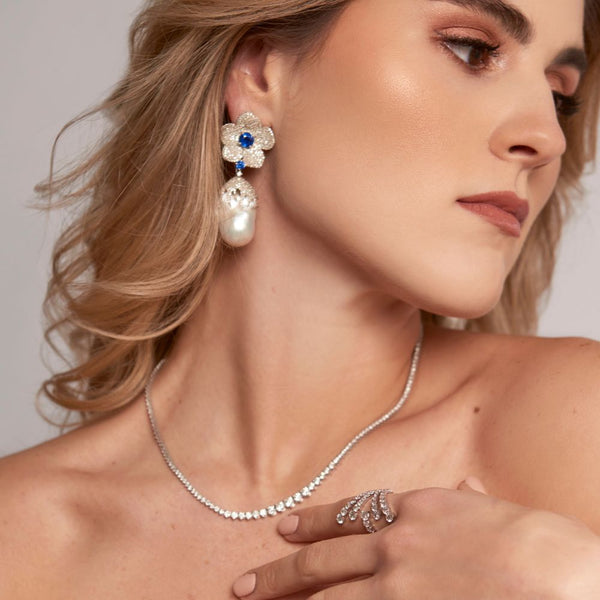Baroque Pearl with Diamond & Kyanite Flower Earrings